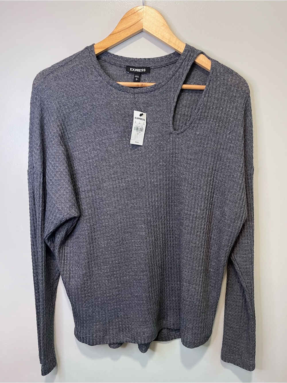 Express NWT Charcoal Grey Waffle Knit Cutout Long Sleeve Top